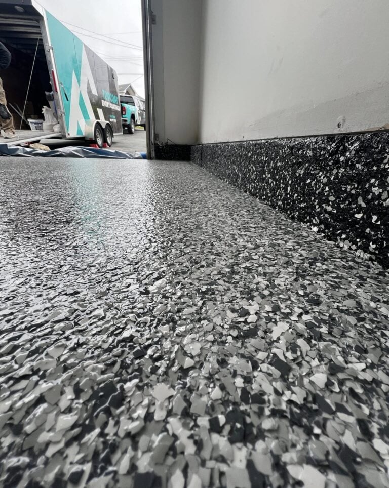 custom epoxy flake floor installed by Top Coat Epoxy Coatings