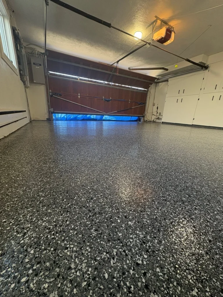 Wombat flake garage floor after pitting repairs in South End Halifax